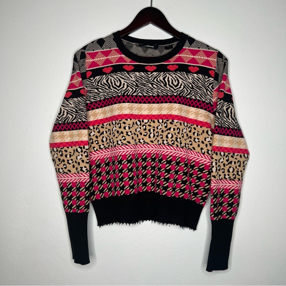 Desigual Aspen Mixed Print Fun Sweater Women’s Size XL Slim Fit Apres Ski